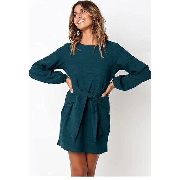 PRETTYGARDEN Womens L Elegant Long Lantern Sleeve Short Dress Crewneck Tie Waist - Picture 2 of 6